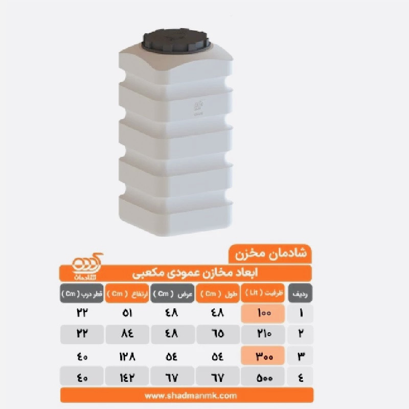 مخزن آب عمودی 300 لیتر  شادمان مدل  مکعب R.M300