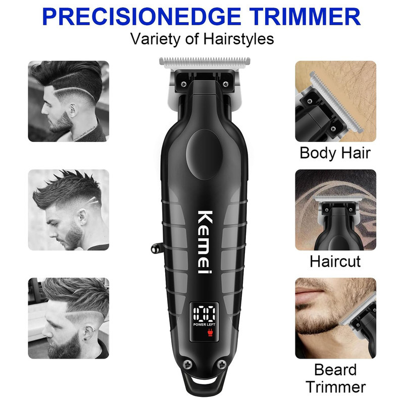 ماشین اصلاح موی سر و صورت کیمی مدل KM-2293 با تیغه کربن استیل خودتیز شونده، موتور 6000 دور در دقیقه، طراحی ارگونومیک، شانه قابل تنظیم 1 تا 3 میلی‌متر و باتری 1200 میلی‌آمپر ساعت با شارژ و عملکرد 180 دقیقه‌ای