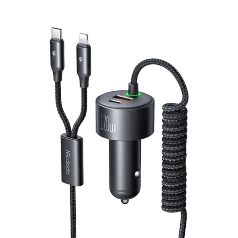 شارژر فندکی120 وات  مک دودو مدل cc-0370 به همراه کابل USB-Cلایتنینگ