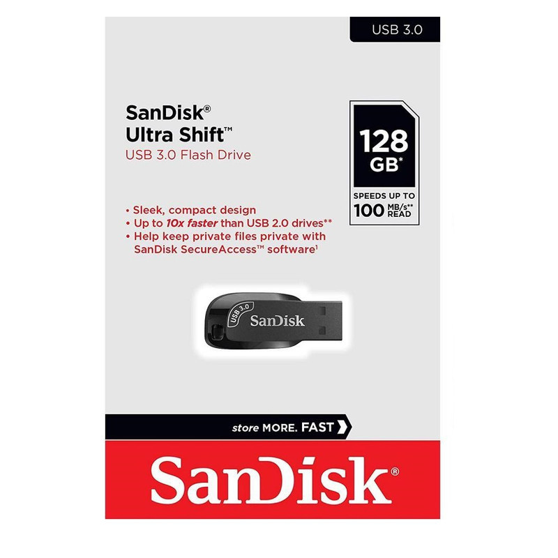 فلش مموری سن دیسک مدل ULTRA SHIFT CZ410 ظرفیت 128GB، سرعت خواندن 100MBs، مجهز به USB 3.1 با سرعت 15 برابر USB 2.0، دارای نرم‌افزار امنیتی و بازیابی فایل، مناسب ضبط خودرو و تلویزیون