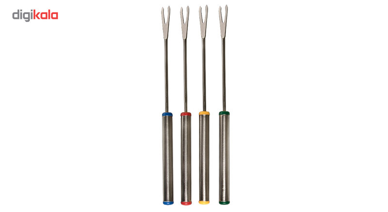ست فوندوخوری مدل A852S با بدنه چینی و صفحه گردان، کاسه بزرگ گرم نگهدارنده با ابعاد 12×12×7.5 سانتی‌متر، استند استیل وارمر دار با ابعاد 12×12×7 سانتی‌متر، مناسب سرو شکلات گرم و فینگرفود، همراه با 4 عدد چنگال 17.5 سانتی‌متر