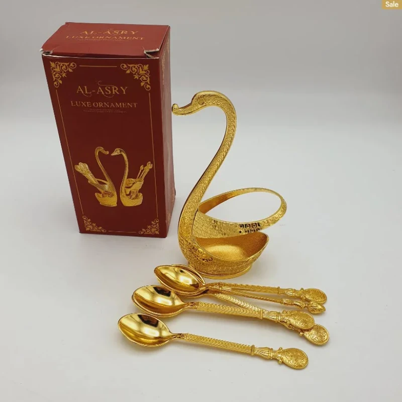 قاشق چای خوری مدل پایه قو بسته 6 عددی به همراه جا قاشقی
