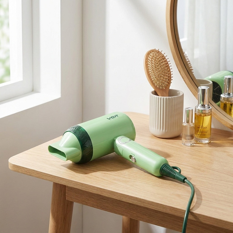 سشوار مسافرتی 1200 وات وی جی ار مدل 421، موتور DC، وزن 342 گرم، دارای سری متمرکز‌کننده باریک با ویژگی صاف‌کنندگی، با قابلیت باد سرد