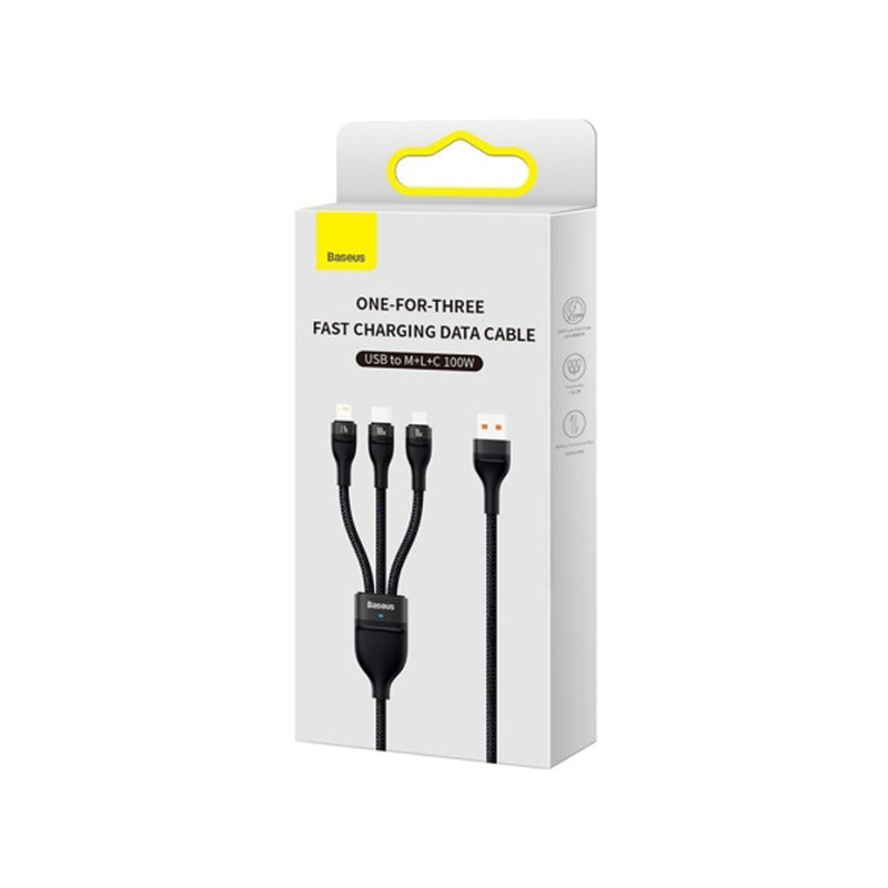 کابل تبدیل USB به USB-C  microUSB  لایتنینگ باسئوس مدل ONE-FOR-THREE 100Wطول 1.2 متر
