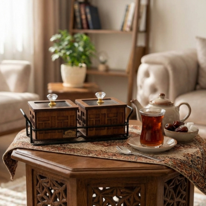 اردوخوری ایلقار مدل مربع 2 خانه‌ای با در پلکسی شفاف و دستگیره کریستالی، روی استند فلزی، ابعاد هر محفظه 9×9 سانتی‌متر