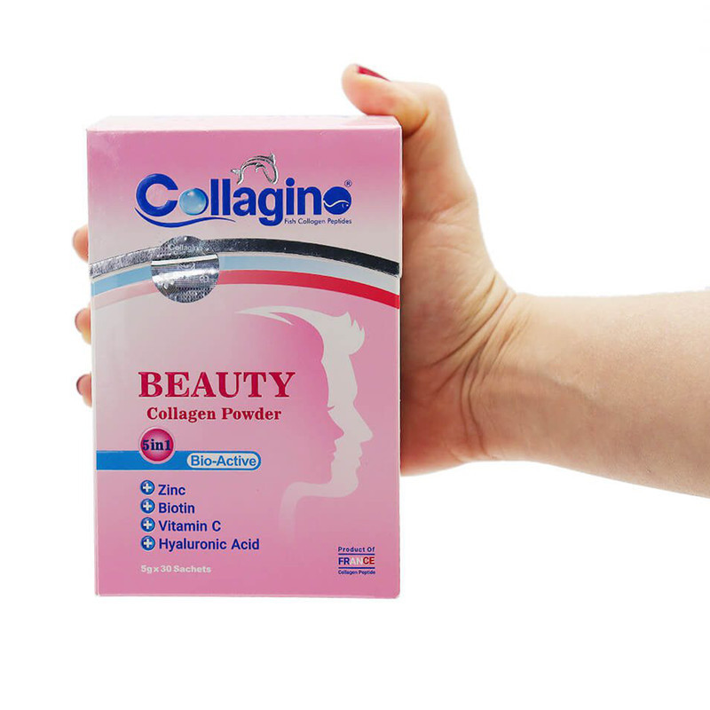 پودر کلاژن تقویت‌کننده پوست، مو و ناخن کلاژینو بیوتی مدل Beauty حاوی کلاژن پپتاید ماهی، ویتامین سی، زینک، بیوتین و هیالورونیک اسید، مکمل 5 در 1 ضدپیری و آنتی‌اکسیدان ساخت فرانسه، بسته 30 عددی