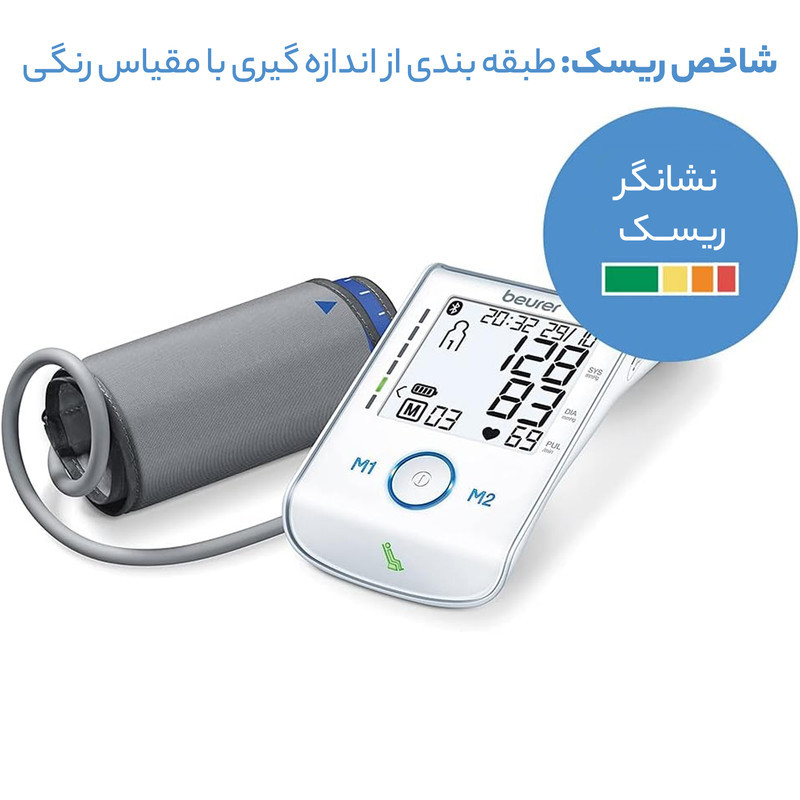 فشارسنج بازویی دیجیتال بیورر مدل BM 85 با قابلیت انتقال داده بلوتوث، حافظه 120 رکورد برای 2 نفر، تشخیص آریتمی و خطای محاسباتی، سنجش ضربان قلب، شارژ از طریق پورت USB و نمایشگر تاریخ و ساعت
