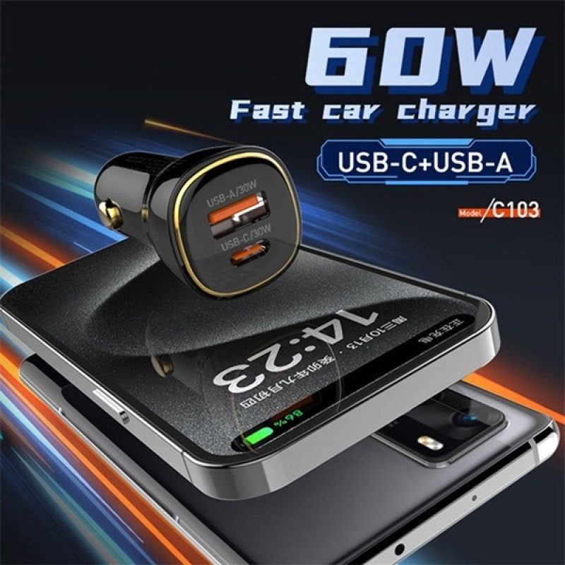 شارژر فندکی 60 وات الدینیو مدل LD-C103 به همراه کابل تبدیل usb
