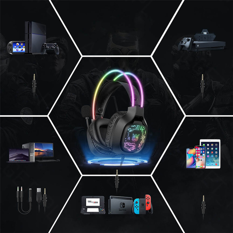 هدست گیمینگ Onikuma مدل X22 بدون قابلیت نویز کنسلینگ، درگاه USB، دارای نورپردازی RGB، امپدانس 32 اهم