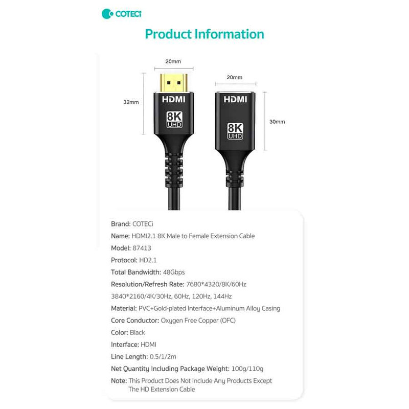 کابل افزایش طول HDMI کوتتسی مدل 87413 طول 1.0متر