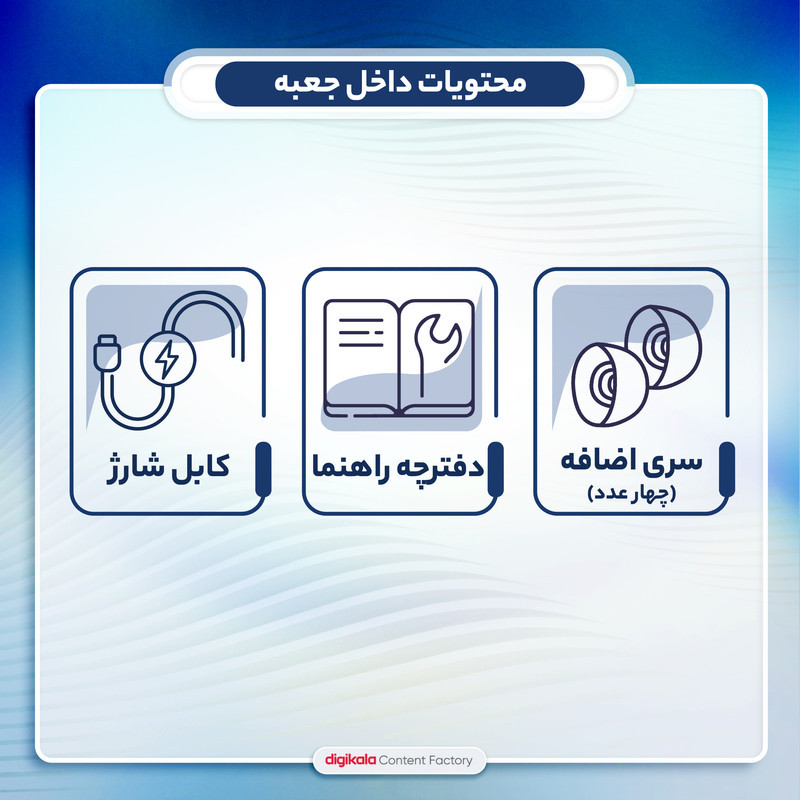 هدغون بلوتوثی مدل air pods m19 بدون قابلیت نویز کنسلینگ، درگاه شارژ microUSB، دارای کنترلر لمسی روی گوشی‌ها، امکان استفاده از محفظه شارژ به عنوان پاور بانک