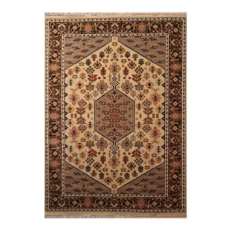 فرش ماشینی 320 شانه زمینه کرم حاشیه قهوه ای مدل ستاره کویر یزد کلکسیون شاهسون کد SH-B057-8818