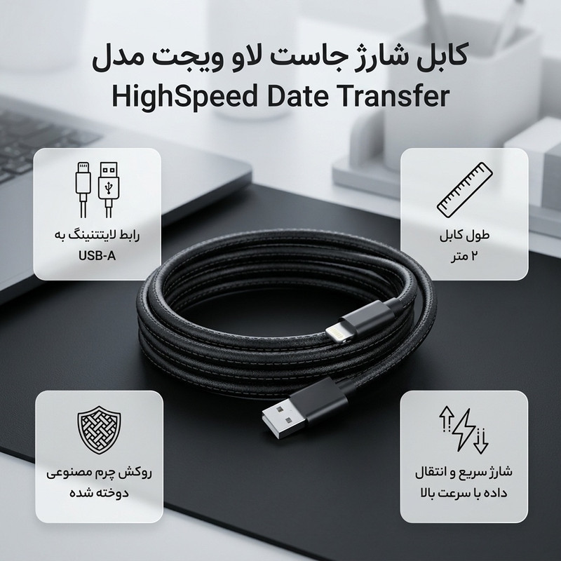 کابل دیتای لایتنینگ جاست لاو مدل HighSpeed Date Transfer به طول 2 متر مناسب برای گوشی های تلفن همراه اپل با روکش چرمی