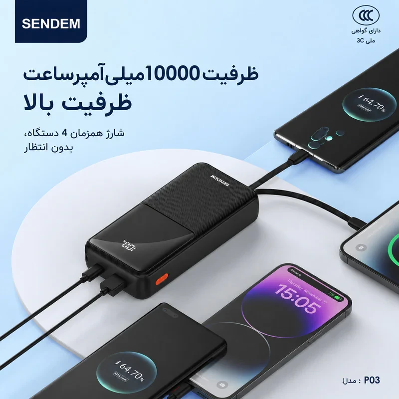 پاوربانک 22.5 وات سندم مدل P03 ظرفیت 10000 میلی‌آمپرساعت