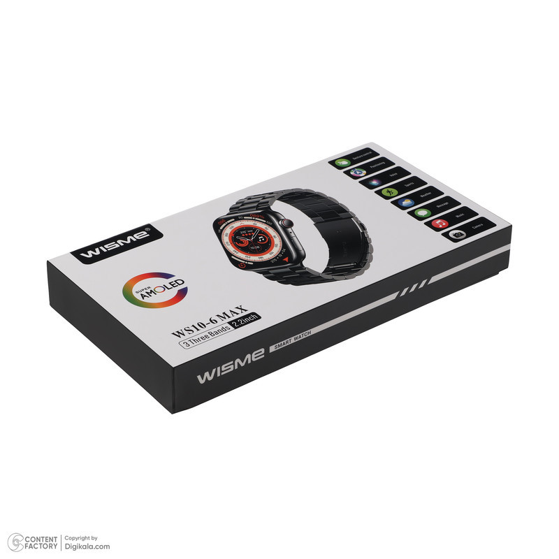 ساعت هوشمند ویزمی مدل WS10-6 MAX دارای قابلیت های صفحه نمایش رنگی، صفحه نمایش لمسی و شمارنده ضربان قلب بند سیلیکونی