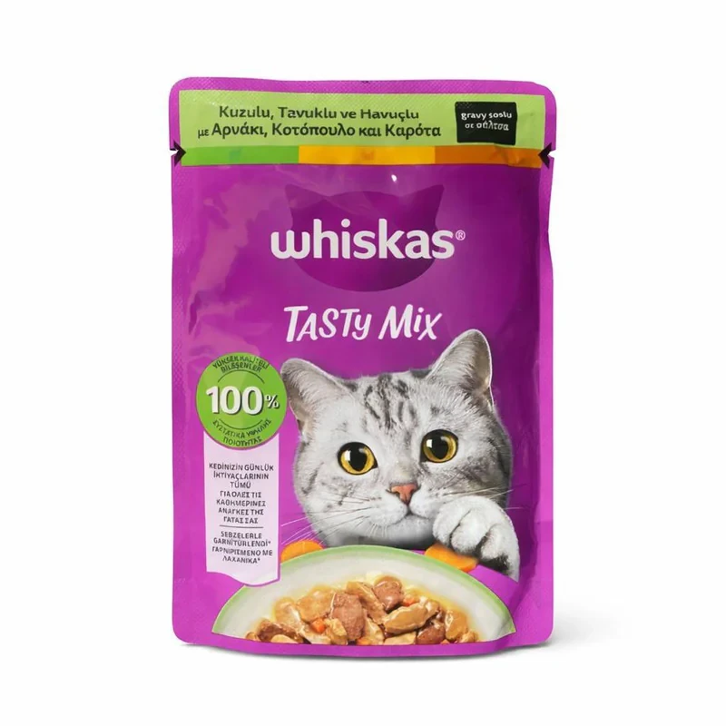 پوچ گربه بالغ ویسکاس مدل Tasty Mix طعم مرغ، بره و هویج وزن 85 گرم