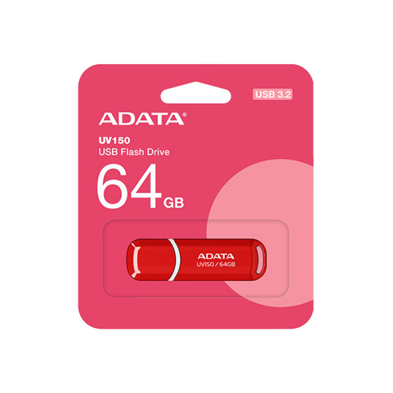 فلش مموری ای دیتا مدل UV150 ظرفیت 64 گیگابایت، رابط USB 3.2 Gen1، سرعت خواندن 90 مگابایت بر ثانیه، طراحی درپوش‌دار، سازگار با گوشی، تبلت، کامپیوتر و تلویزیون