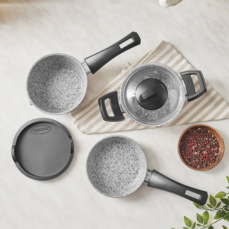 سرویس قابلمه و تابه بیوگرانیتی 5 پارچه کاراجا مدل Grey Stone Mini