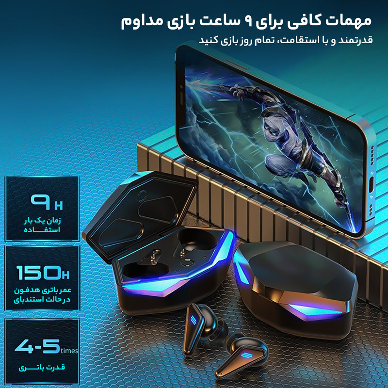 هدفون بلوتوثی مدل K55 با قابلیت حذف نویز (ANC)، درگاه شارژ USB Type-C، دارای کنترل لمسی روی گوشی‌ها، حالت Gaming، مقاومت در برابر رطوبت و عرق