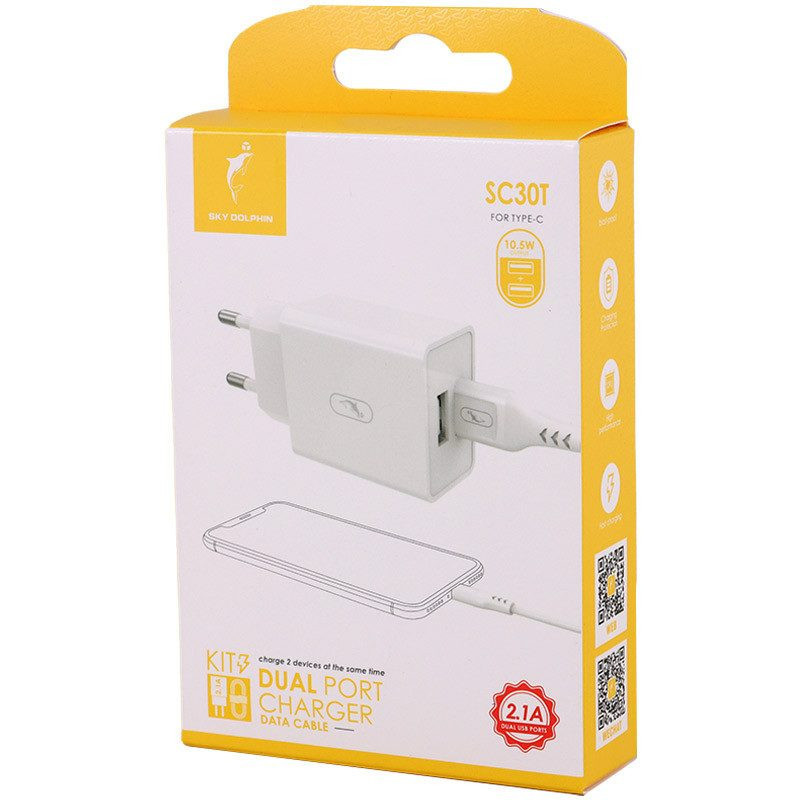 شارژر دیواری 10.5 وات اسکای دلفین مدل sc30t به همراه کابل تبدیل USB-C