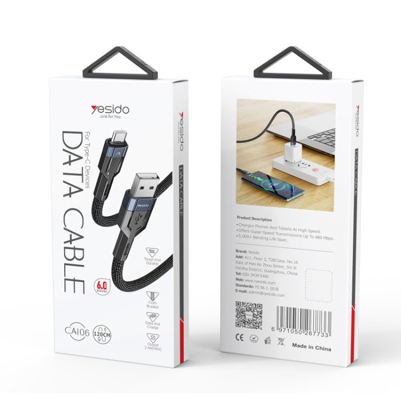 کابل تبدیل USB به USB-C یسیدو مدل CA106 6mm طول 1.2 متر