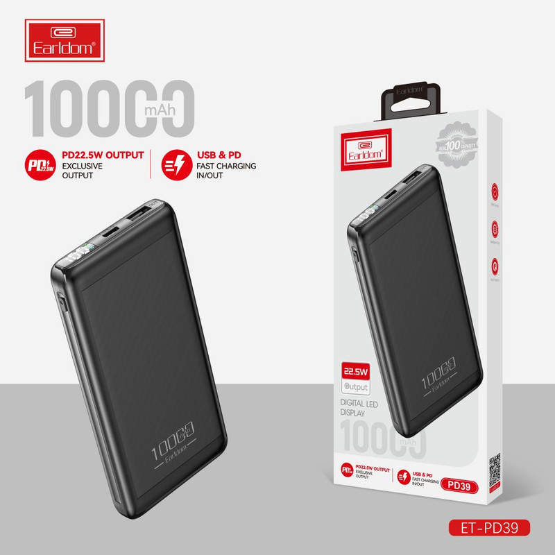 پاوربانک 22.5 وات ارلدام مدل PD39 ظرفیت 10000 میلی‌آمپرساعت به همراه یک عدد کابل MICROUSB