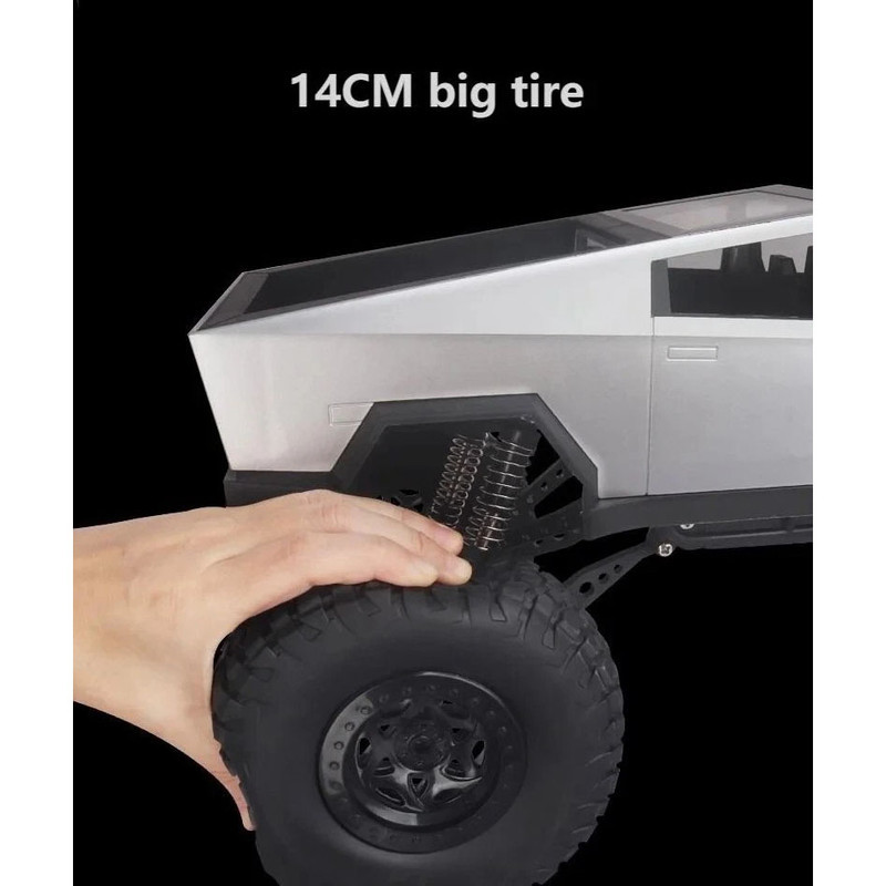 ماشین بازی کنترلی MZ مدل تسلا سایبر تراک بزرگ 1:08 با چهارچرخ محرک 4x4، دو موتور براش، بدنه آلیاژ آلومینیوم، سرعت تا 8 کیلومتر بر ساعت، چراغ LED و باتری شارژی 7.4 ولت با کنترل 2.4 گیگاهرتز