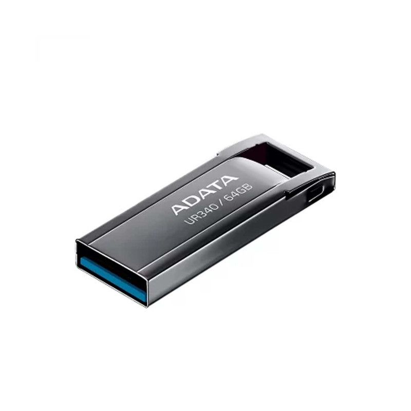 فلش مموری ای دیتا مدل UR340 ظرفیت 64 گیگابایت با بدنه فلزی، رابط USB 3.2 Gen1 Type-A، سرعت انتقال 100 مگابایت بر ثانیه و پشتیبانی از سیستم‌عامل‌های ویندوز، مک و لینوکس