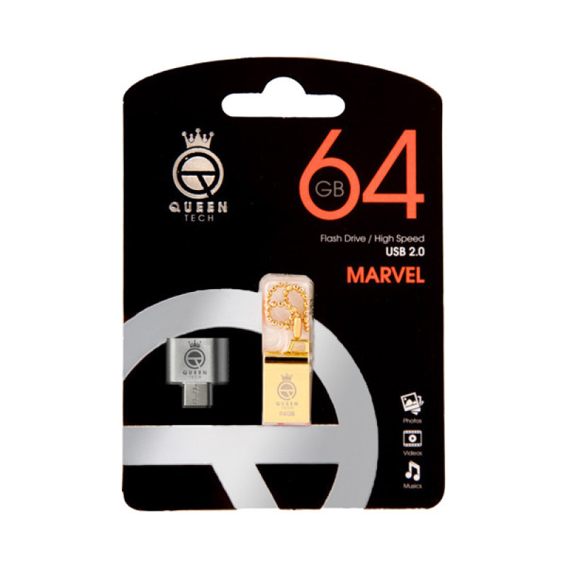 فلش مموری کوئین تک مدل MARVEL C-PLUS ظرفیت 64 گیگابایت با رابط USB 2.0 و USB Type-A، بدنه فلزی مقاوم، سرعت انتقال 30 مگابایت بر ثانیه، سازگار با موبایل، تبلت، کامپیوتر، لپ‌تاپ و تلویزیون