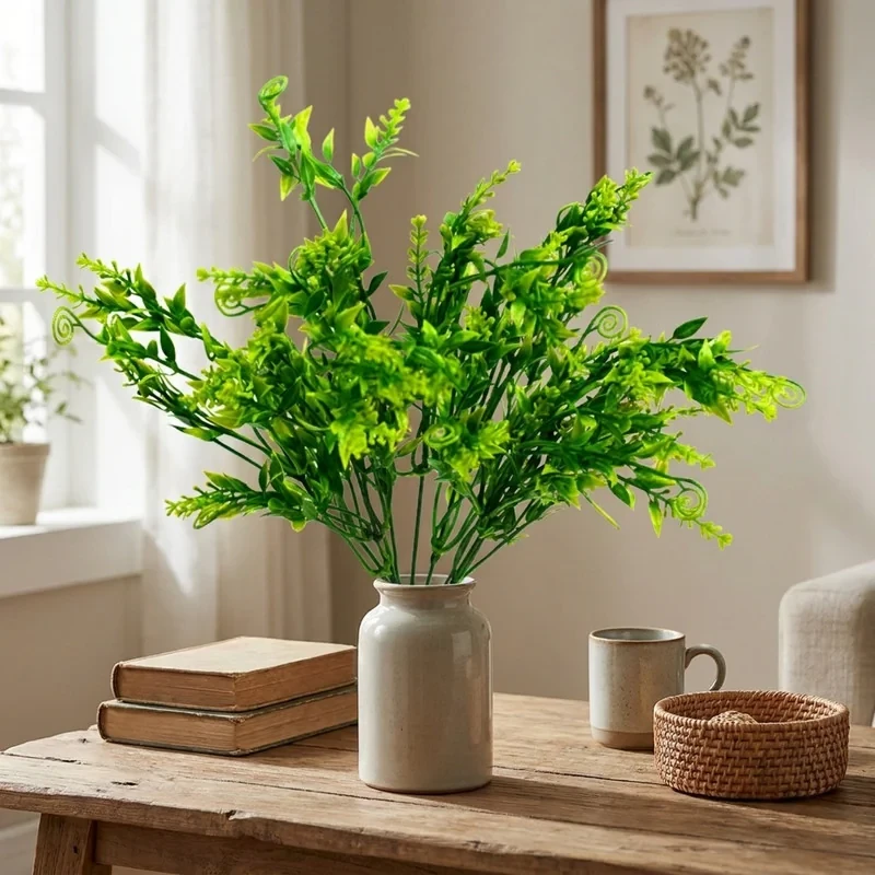 گل مصنوعی بوته برگ طرح فر با ابعاد 25×25×35 سانتی‌متر و وزن 50 گرم