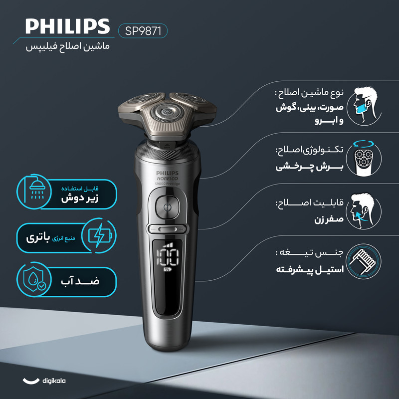 ماشین اصلاح موی صورت فیلیپس مدل SP9871 با 45 تیغه استیل، شارژ بی‌سیم Qi، قابلیت تنظیم سرعت در 3 حالت، سری چرخشی 360 درجه، ضدآب برای استفاده خشک و مرطوب، باتری لیتیومی 1200 میلی‌آمپر ساعت و قابلیت اصلاح ریش بلند تا 7 روز