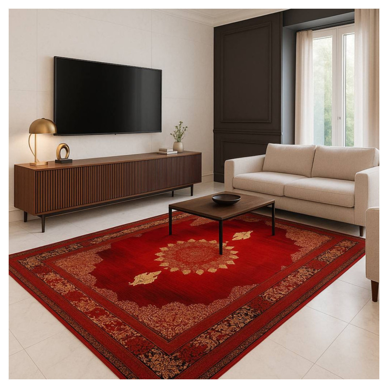 فرش ماشینی 700 شانه زمینه لاکی حاشیه لاکی مدل  بلوچ bcf کد 831