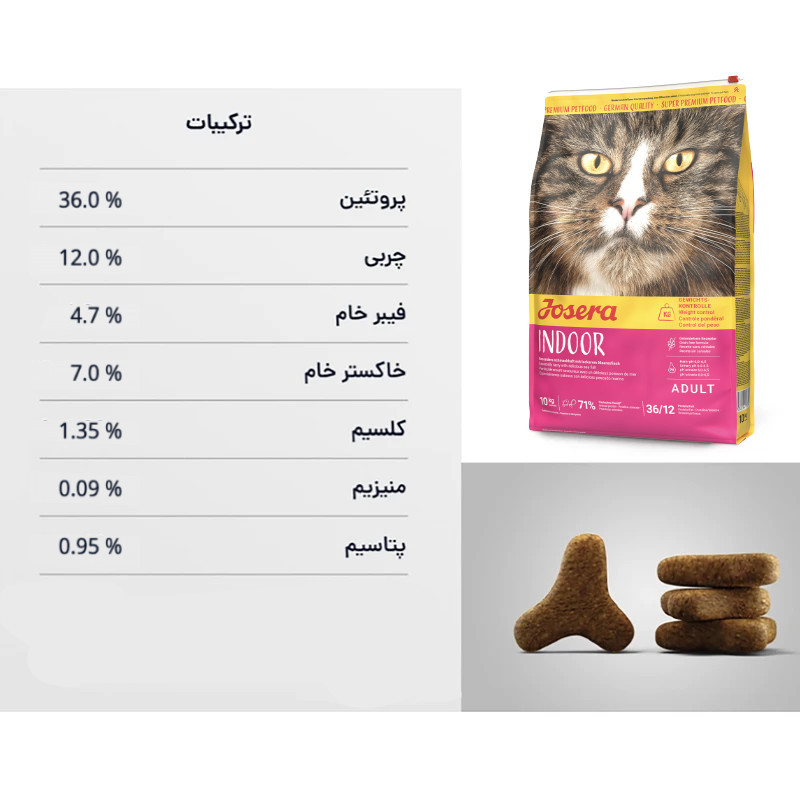 غذای خشک گربه عقیم شده جوسرا مدل Indoor مناسب فعالیت کم وزن 2 کیلوگرم
