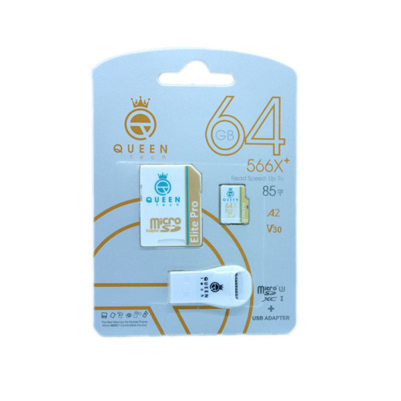 کارت حافظه Micro SDXC کوئین تک مدل Elite pro A2-V30-566X PLUS کلاس 10 استاندارد UHS-l U3 سرعت 85mbps ظرفیت 64 گیگابایت به همراه آداپتور SD و کارت خوان USB