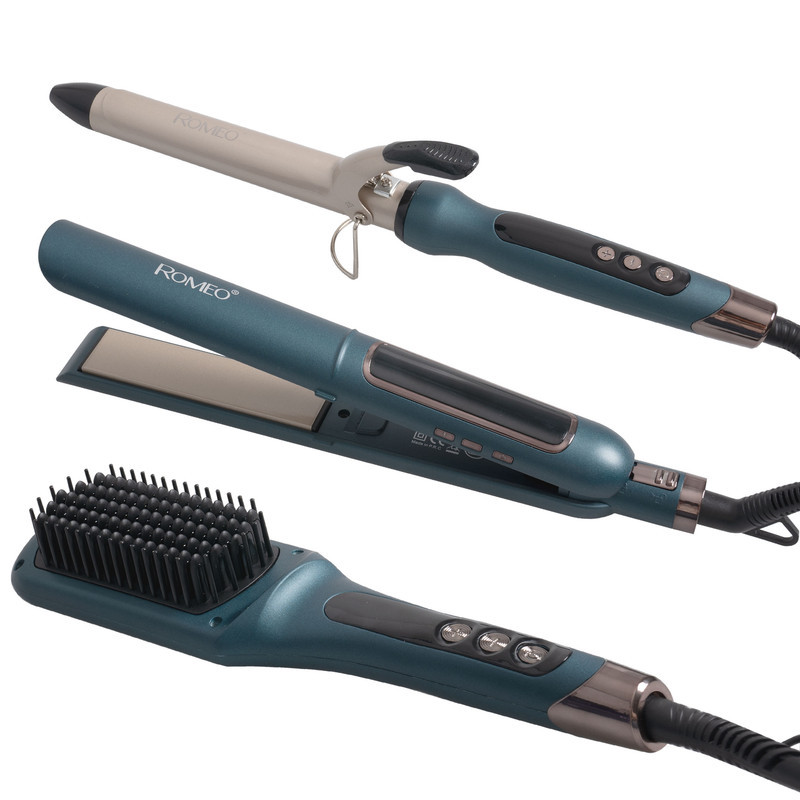 اتو مو حرفه ای رومئو مدل RM-5550 به همراه برس حرارتی و فر کننده مو مجموعه سه عددی