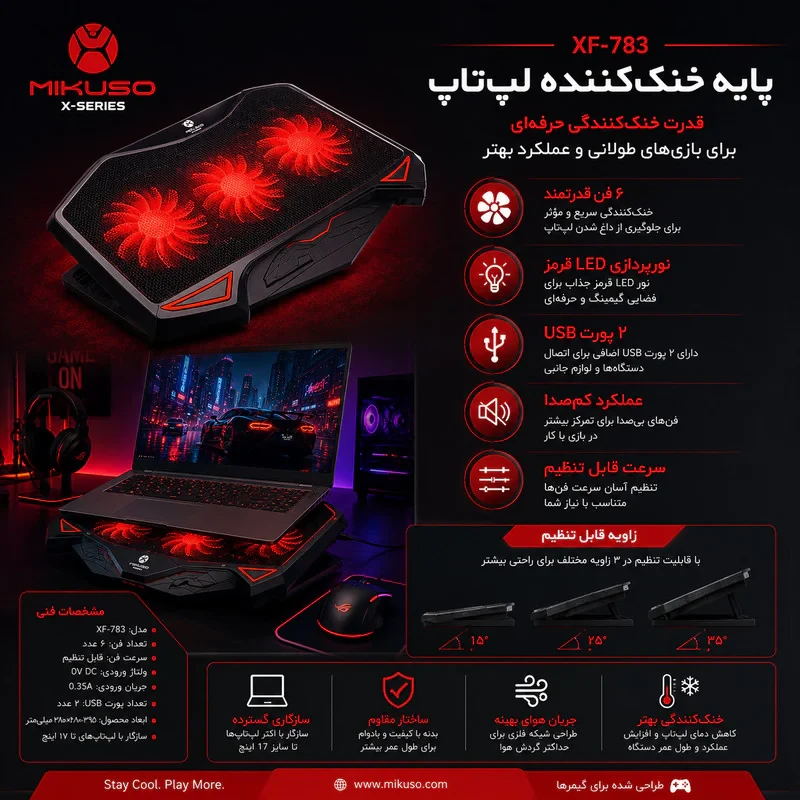 پایه خنک‌کننده لپ‌تاپ میکوسو مدل XF-783 دارای سه عدد فن مناسب برای لپ تاپ‌های 14.1 تا 15.6 اینچی