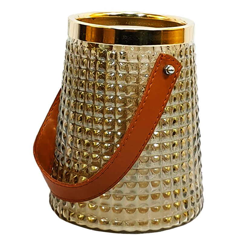 گلدان دکوری شیشه‌ای مدل هیرا با طرح دسته چرمی و ابعاد 16×16×16 سانتی‌متر، وزن 550 گرم