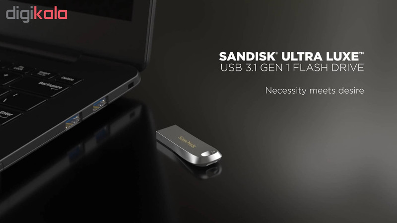 فلش مموری سن دیسک مدل Ultra Luxe ظرفیت 128 گیگابایت با بدنه فلزی، رابط USB 3.1 Type-A، سرعت خواندن 150 مگابایت بر ثانیه و نرم‌افزار کدگذاری SanDisk Secure Access