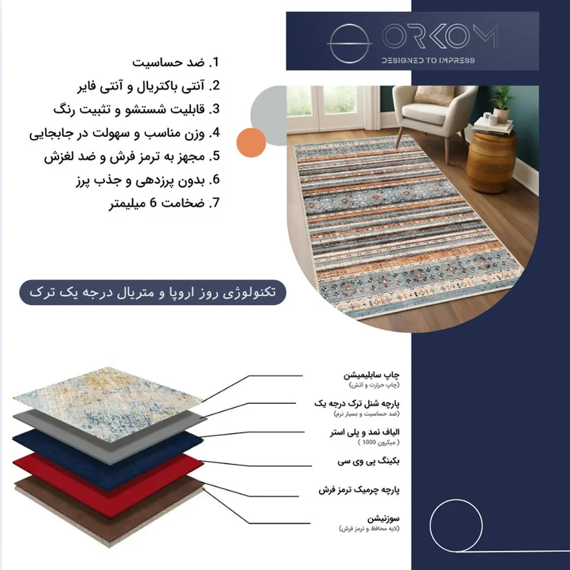 فرش ماشینی 1000 شانه اورکوم زمینه کرم حاشیه آبی طرح مینیمال تمنا کد OR.1123.02