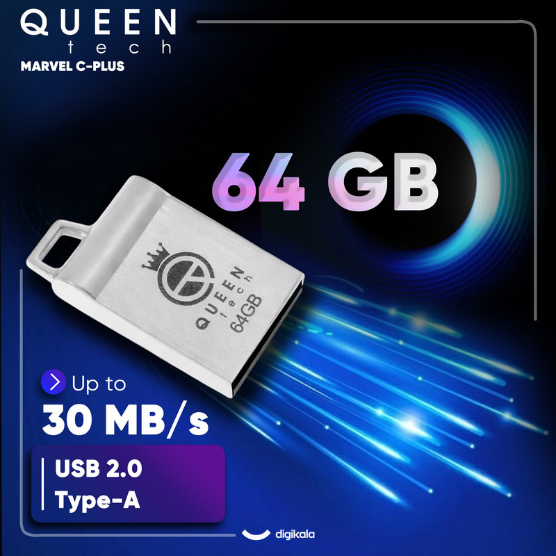 فلش مموری کوئین تک مدل MARVEL C-PLUS ظرفیت 64 گیگابایت با رابط USB 2.0 و USB Type-A، بدنه فلزی مقاوم، سرعت انتقال 30 مگابایت بر ثانیه، سازگار با موبایل، تبلت، کامپیوتر، لپ‌تاپ و تلویزیون