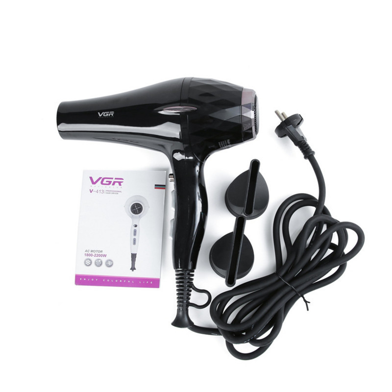 سشوار حرفه‌ای 2200 وات وی جی ار مدل V-413، موتور AC، وزن 802 گرم، المنت سرامیک تورمالین، دارای سری متمرکز‌کننده باریک، متمرکز‌کننده پهن با ویژگی صاف‌کنندگی، حجم‌دهندگی، با قابلیت باد سرد
