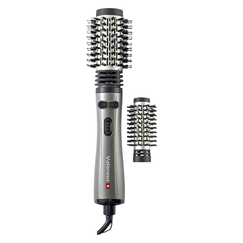 سشوار برس‌دار چرخشی 1200 وات والوروس مدل VL-507، موتور AC، وزن 950 گرم، المنت سرامیک، دارای سری برس‌دار گرد باریک، سری برس‌دار گرد پهن با ویژگی فرکنندگی، صاف‌کنندگی، حجم‌دهندگی، با قابلیت تنظیم دما