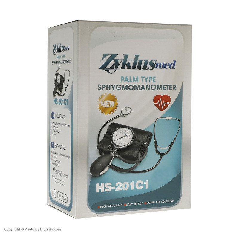 فشارسنج عقربه‌ای بازویی زیکلاس مد مدل HS-201C1 با کاف 22 تا 32 سانتی‌متر، جنس آلیاژ آلومینیوم، پمپ PVC استاندارد، دقت اندازه‌گیری 3± میلی‌متر جیوه و شیر آزادسازی هوا