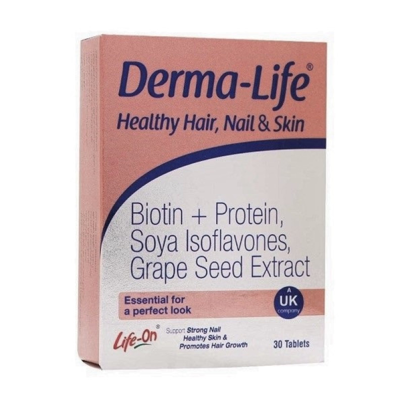 قرص مکمل سلامت پوست، مو و ناخن درما لایف Healthy Hair, Nail & Skin بسته 30 عددی با ترکیبات روی، ویتامین D، منیزیم و آهن برای حفظ استحکام و تقویت مو، ناخن و ترمیم پوست