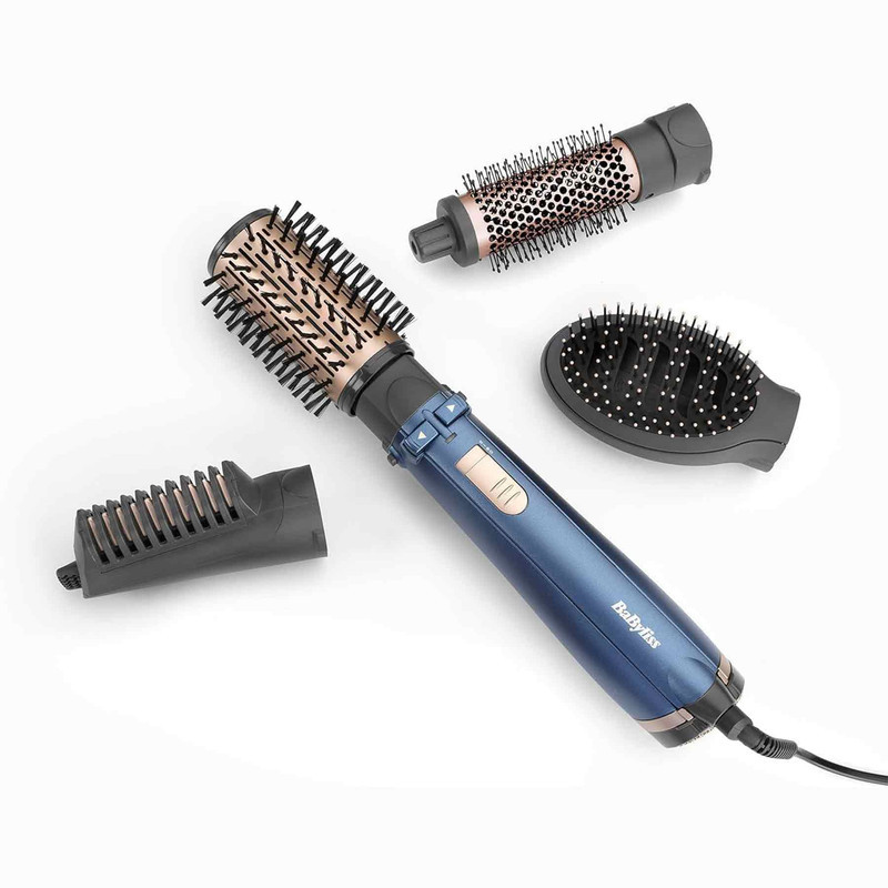 سشوار برس‌دار چرخشی 1000 وات بابیلیس مدل Style pro 1000، موتور DC، وزن 280 گرم، المنت سرامیک، دارای سری متمرکز‌کننده باریک با ویژگی صاف‌کنندگی، فرکنندگی، با قابلیت باد سرد، فناوری تولید یون