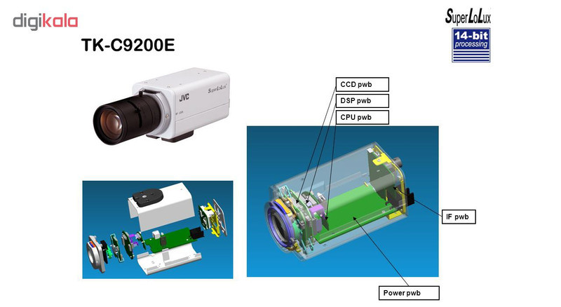 دوربین مداربسته آنالوگ صنعتی جی وی سی مدل TK-C9200E با حسگر CCD 13 اینچ، رزولوشن 580TVL، اتصال باسیم BNC، قابلیت نصب لنز با فاصله کانونی متنوع، منبع تغذیه 12 ولت و قابلیت‌های AGC، 3DNR، ATW، AWC، AES و منوی OSD