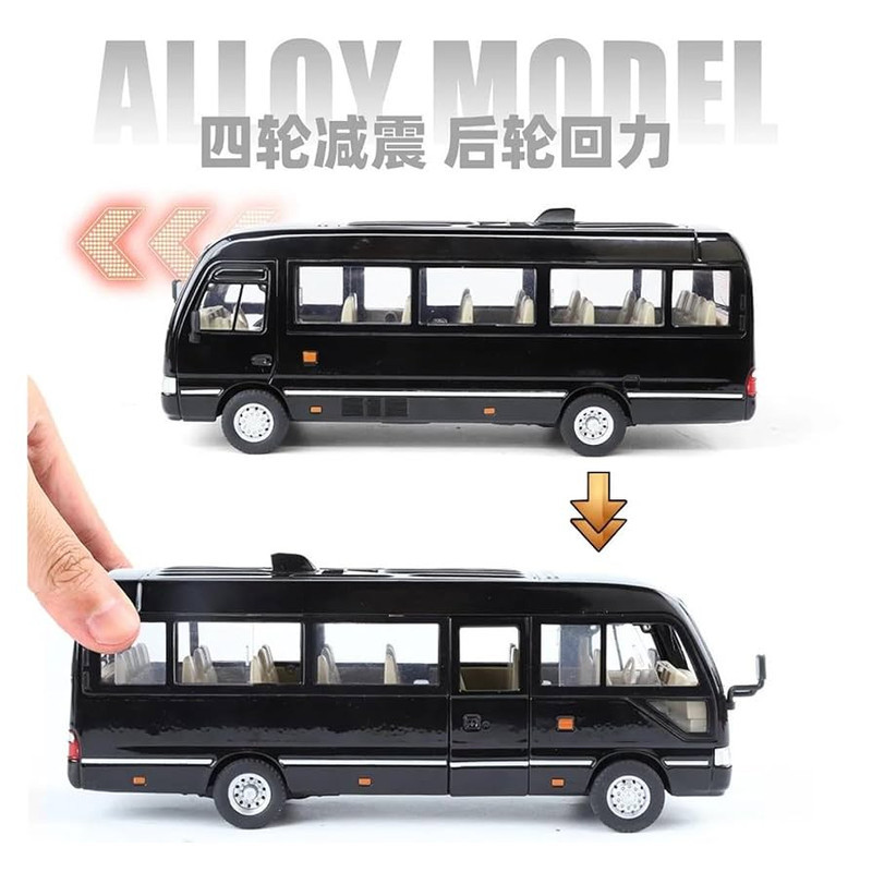 ماکت ماشین ناب سل مدل مینی بوس تویوتا کاستر فلزی سانروف چراغدار موزیکال عقب کش Toyota Coaster Bus به همراه جاسوییچی