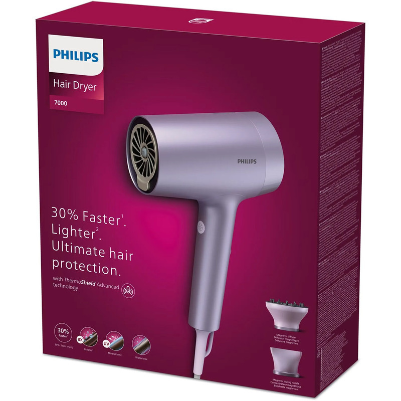 سشوار حرفه‌ای 1800 وات فیلیپس مدل BHD720، موتور DC، وزن 950 گرم، دارای سری دیسپانسر، متمرکز‌کننده باریک با ویژگی فرکنندگی، صاف‌کنندگی، حجم‌دهندگی، با قابلیت فناوری تولید یون