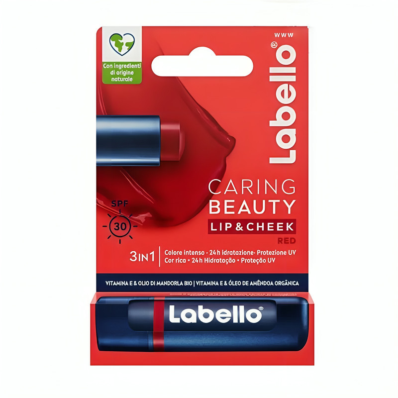 بالم لب لابلو مدل Caring Beauty 3-in-1 قرمز با عصاره شی‌باتر، ویتامین‌های تقویتی، ضد حساسیت و محافظت SPF، مناسب پوست خشک، ترک‌خورده و حساس