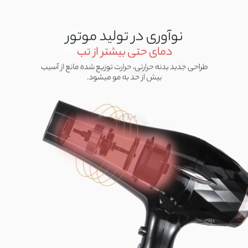 سشوار حرفه‌ای 2200 وات وی جی ار مدل V-413، موتور AC، وزن 802 گرم، المنت سرامیک تورمالین، دارای سری متمرکز‌کننده باریک، متمرکز‌کننده پهن با ویژگی صاف‌کنندگی، حجم‌دهندگی، با قابلیت باد سرد